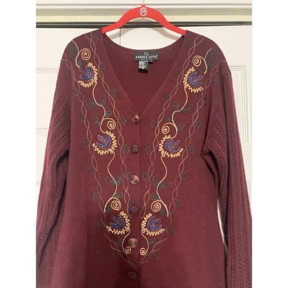 Vintage Carole Little Wool Blend Burgundy Embroidered Knit Maxi Sweater Dress L - Picture 4 of 9